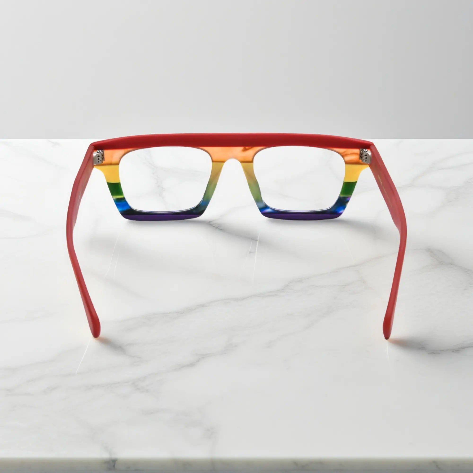 Back angle view showing frame curve and inner detail of VoyueLens Acetate Square Eyeglasses in Crimson Twilight